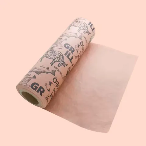 Pink butcher paper roll, 24 in wide, partly unrolled on the counter